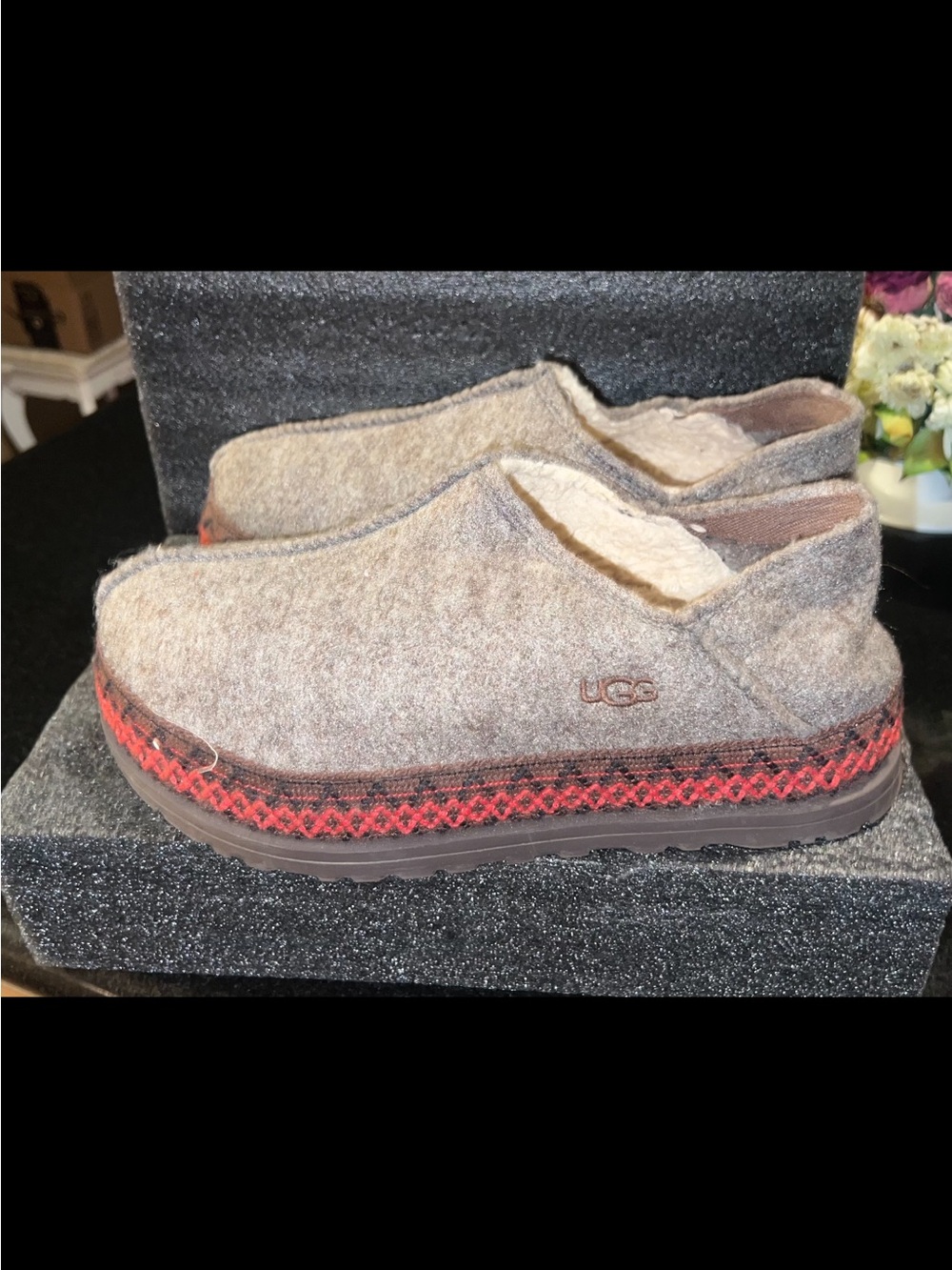 UGG Men’s Gray Wool Slip-On with Red Accent Trim
